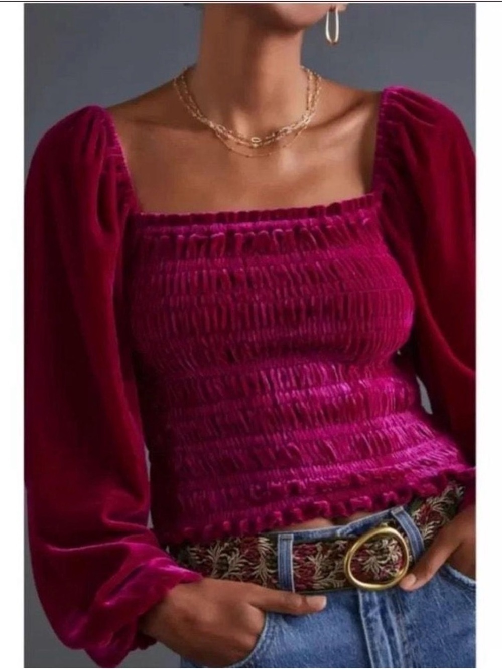 Anthropologie Smocked puff balloon sleeves Velvet Square-Neck Top medium